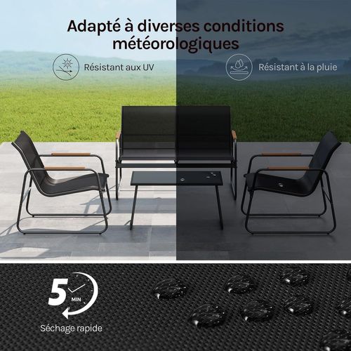 Salon De Jardin Extérieur Pour 4 Personnes, 1 Table, 2 Chaises Et 1 Banc, En Tissu Polyester, Noir