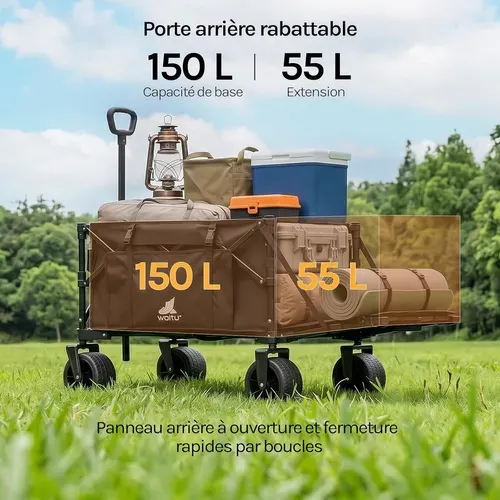 Chariot Pliable 205 L, Panneau Arrière Rabattable, Charge 180 Kg, Roues Avant Universelles, Noir