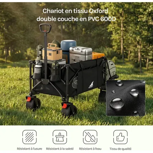 Chariot Pliable 205 L, Panneau Arrière Rabattable, Charge 180 Kg, Roues Avant Universelles, Noir