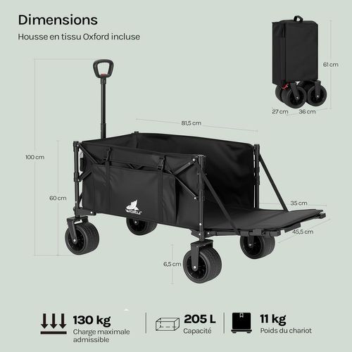 Chariot Pliable 205 L, Panneau Arrière Rabattable, Charge 180 Kg, Roues Avant Universelles, Noir