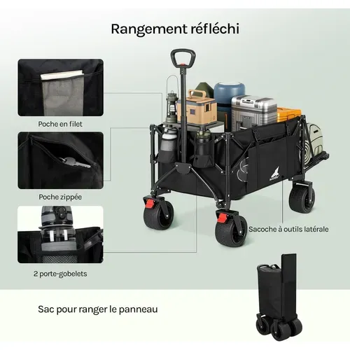 Chariot Pliable 205 L, Panneau Arrière Rabattable, Charge 180 Kg, Roues Avant Universelles, Noir