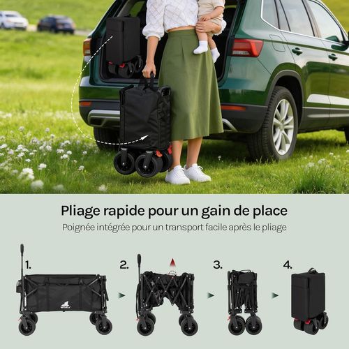 Chariot Pliable 205 L, Panneau Arrière Rabattable, Charge 180 Kg, Roues Avant Universelles, Noir