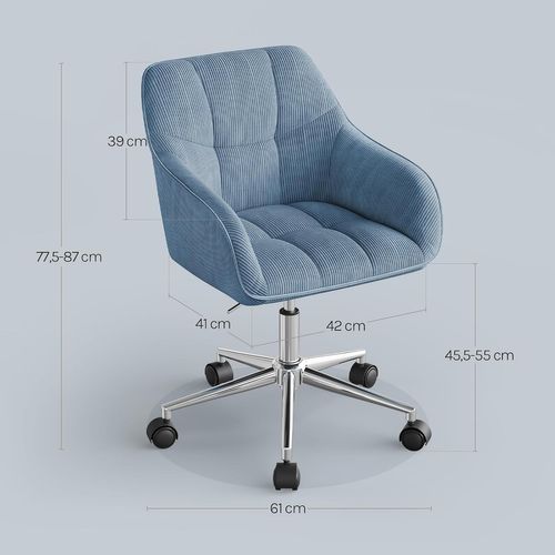 Chaise Bureau, Chaise Coiffeuse, Ergonomique, Pivotant, Hauteur Réglable, En Velours Côtelé, Bleu