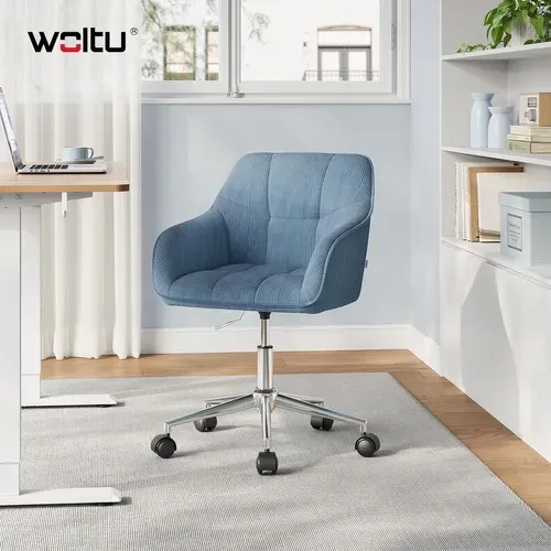 Chaise Bureau, Chaise Coiffeuse, Ergonomique, Pivotant, Hauteur Réglable, En Velours Côtelé, Bleu