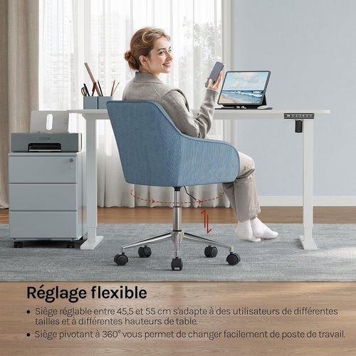 Chaise Bureau, Chaise Coiffeuse, Ergonomique, Pivotant, Hauteur Réglable, En Velours Côtelé, Bleu
