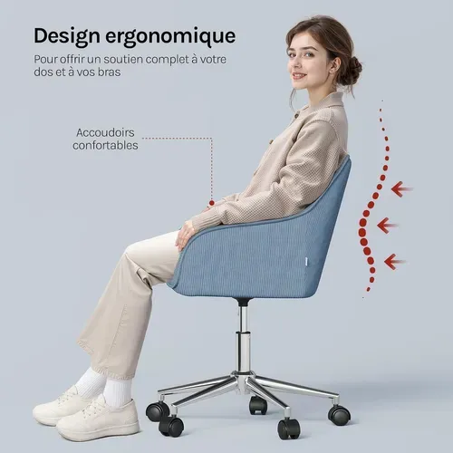 Chaise Bureau, Chaise Coiffeuse, Ergonomique, Pivotant, Hauteur Réglable, En Velours Côtelé, Bleu