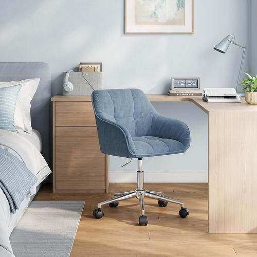 Chaise Bureau, Chaise Coiffeuse, Ergonomique, Pivotant, Hauteur Réglable, En Velours Côtelé, Bleu