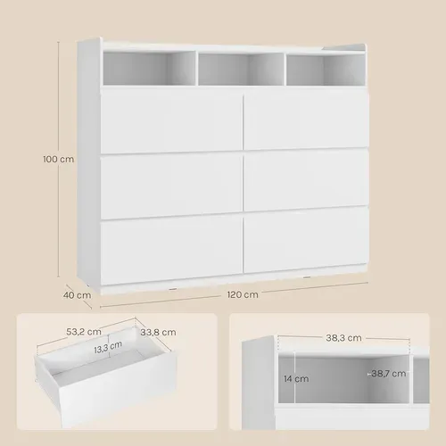 Commode Avec 6 Tiroirs Et 3 Compartiments Ouverts, Panneau De Bois D’ingénierie, 120x40x100cm,blanc