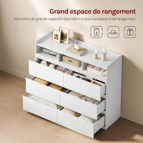 Commode Avec 6 Tiroirs Et 3 Compartiments Ouverts, Panneau De Bois D’ingénierie, 120x40x100cm,blanc