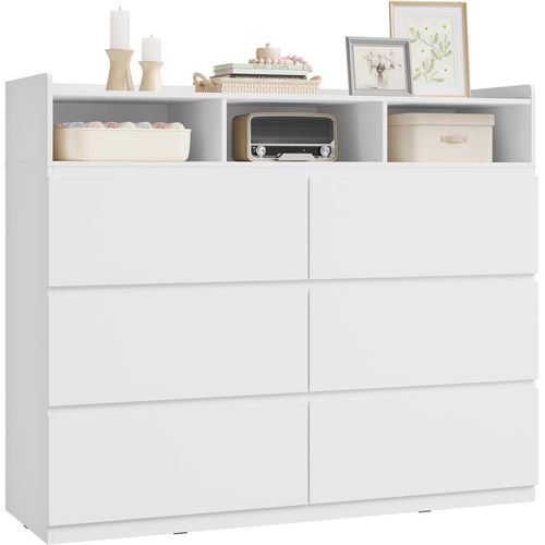 Commode Avec 6 Tiroirs Et 3 Compartiments Ouverts, Panneau De Bois D’ingénierie, 120x40x100cm,blanc