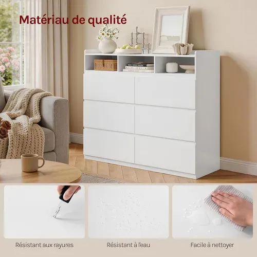 Commode Avec 6 Tiroirs Et 3 Compartiments Ouverts, Panneau De Bois D’ingénierie, 120x40x100cm,blanc