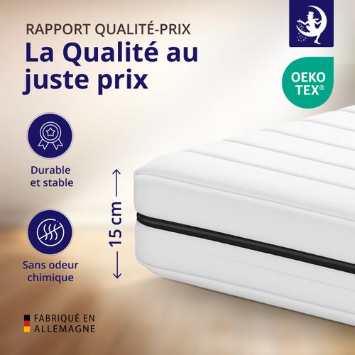 Matelas 100x190 Cm - Epaisseur 15 Cm - 7 Zones De Confort - Réversible - Fabriqué En Allemagne