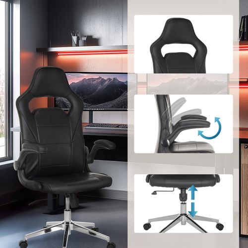 Fauteuil Gamer Game Sport Pro Simili Noir Avec Accoudoirs Rabattables