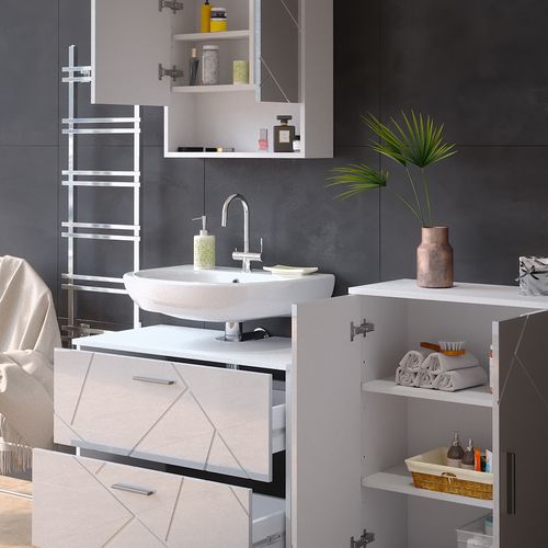 Meubles Bain Irma 38067 Blanc Haute Brillance 3 Pièces, Avec Armoire Basse 80 Cm