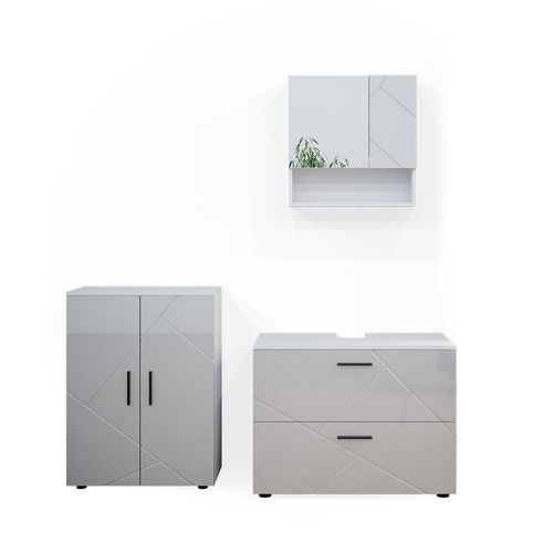 Meubles Bain Irma 38067 Blanc Haute Brillance 3 Pièces, Avec Armoire Basse 80 Cm