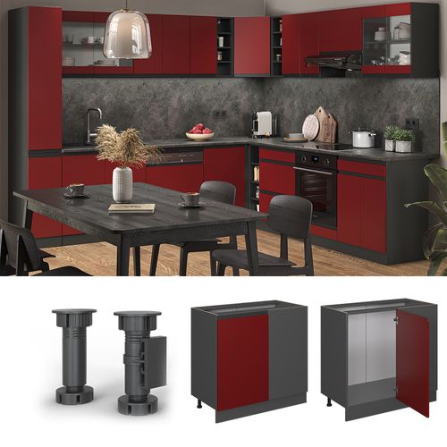 Meuble Bas De Cuisine R-Line 80 Cm - Rouge/Anthracite, Forme En J, Sans Plan De Travail, à Monter Soi-Même