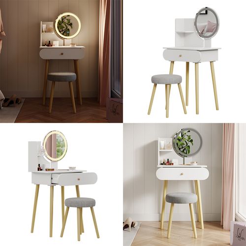 Vicco Vanity table Edda, Blanc, 60 cm avec miroir LED et tabouret | Blanc | 60 cm avec 1