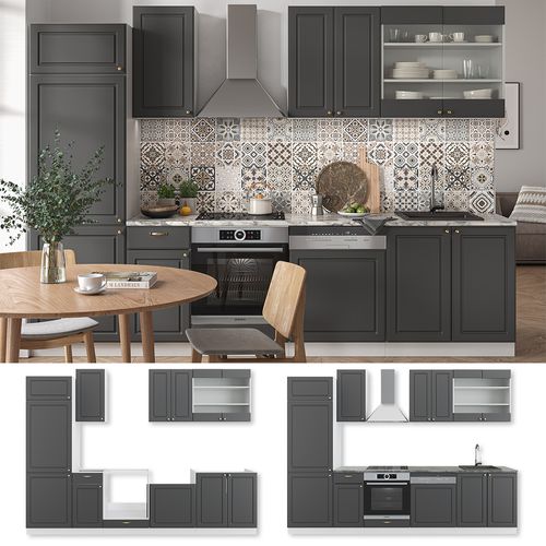 Cuisine Fame-line, Blanc Brillant/anthracite, 300cm Avec Armoire Haute Sans Pt