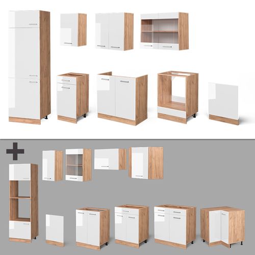Cuisine R-Line, 140 cm , PT Chêne, blanc brillant/blanc, Vicco - Maison