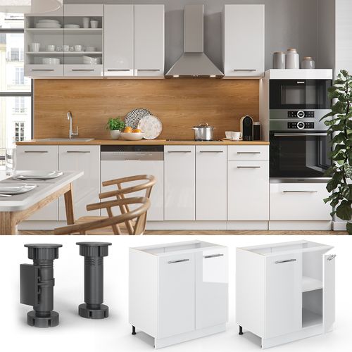 Meuble Bas Sous-évier Fame-line 45395 Blanc Haute Brillance 80cm Avec Étagère, Pt Marbre