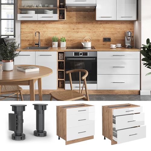 Meuble Cuisine Fame-line 46042 Blanc Haute Brillance 80cm Avec 3 Tiroirs, Pt Chêne
