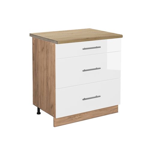 Meuble Cuisine Fame-line 46042 Blanc Haute Brillance 80cm Avec 3 Tiroirs, Pt Chêne