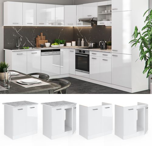 Meuble Bas Sous-évier R-line 46857 Blanc Haute Brillance 80cm , Pt Chêne