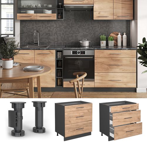 Meuble Cuisine Fame-line 46911 Chêne De Force Doré 80cm Avec 3 Tiroirs, Pt Anthracite