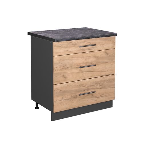 Meuble Cuisine Fame-line 46911 Chêne De Force Doré 80cm Avec 3 Tiroirs, Pt Anthracite