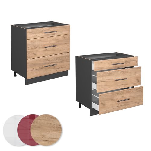 Meuble Cuisine Fame-line 46911 Chêne De Force Doré 80cm Avec 3 Tiroirs, Pt Anthracite