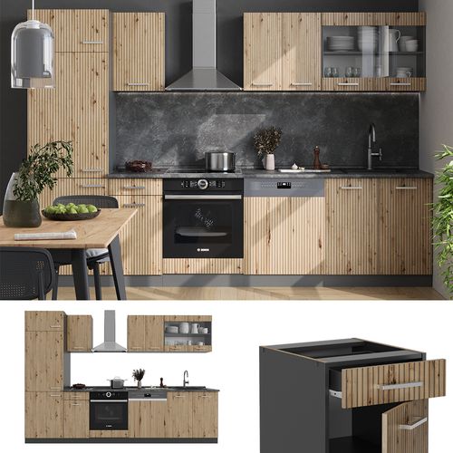 Vicco Cuisine Fame-Line, GrisBeige/Chêne doré, 300cm , PT Anthracite