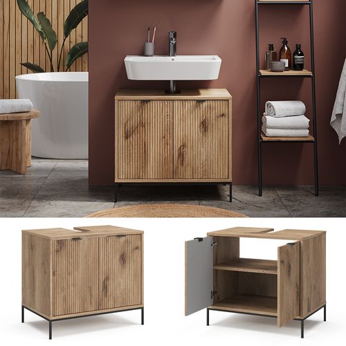 Meuble Sous Vasque Eliza, Chêne Viking, 60x63cm Avec 2 Portes