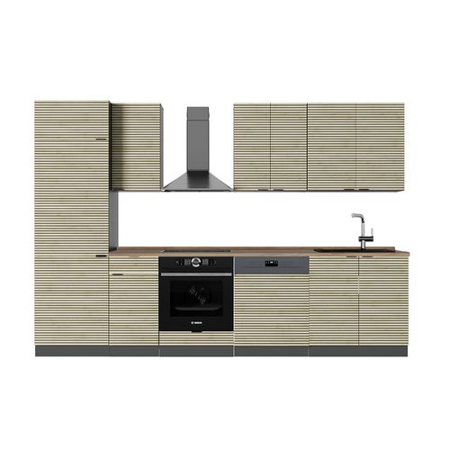 Vicco Cuisine Fame-Line, GrisBeige/Chêne Doré, 300cm Avec Armoire Haute Pt Anthracite