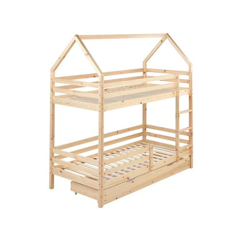 Lit Superposé Maison Bois De Pin Girgols 90 X 200 Cm Avec Rangement Marron Clair