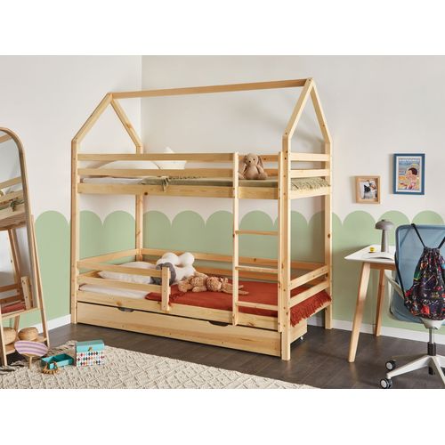 Lit Superposé Maison Bois De Pin Girgols 90 X 200 Cm Avec Rangement Marron Clair