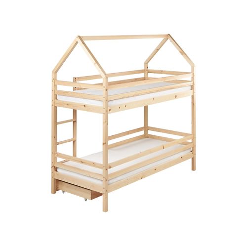 Lit Superposé Maison Bois De Pin Girgols 90 X 200 Cm Avec Rangement Marron Clair