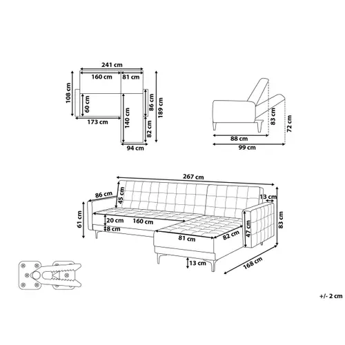 Canapé-lit D'angle Modulable 4 Places Aberdeen Velours Gris Clair Côté Gauche