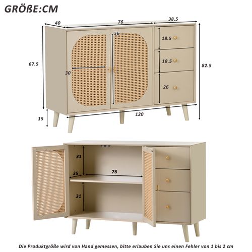Buffet 120x40x82,5 Cm Avec 3 Tiroirs, 2 Portes, Rangement, En Panneau De Particules, Couleur Crème