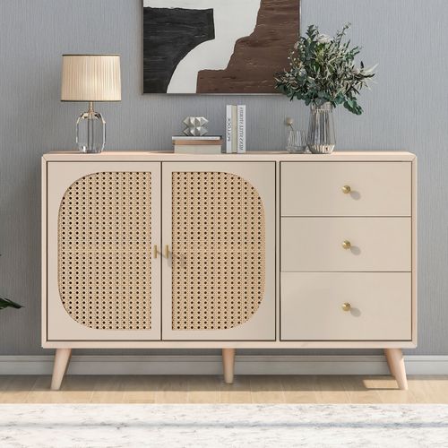 Buffet 120x40x82,5 Cm Avec 3 Tiroirs, 2 Portes, Rangement, En Panneau De Particules, Couleur Crème