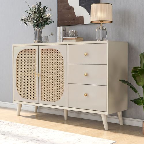 Buffet 120x40x82,5 Cm Avec 3 Tiroirs, 2 Portes, Rangement, En Panneau De Particules, Couleur Crème