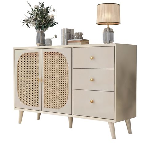 Buffet 120x40x82,5 Cm Avec 3 Tiroirs, 2 Portes, Rangement, En Panneau De Particules, Couleur Crème