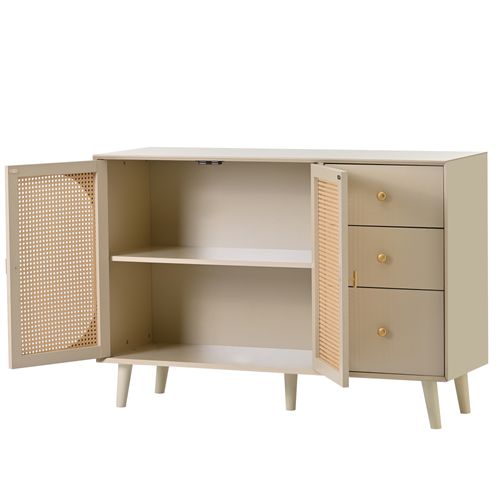 Buffet 120x40x82,5 Cm Avec 3 Tiroirs, 2 Portes, Rangement, En Panneau De Particules, Couleur Crème