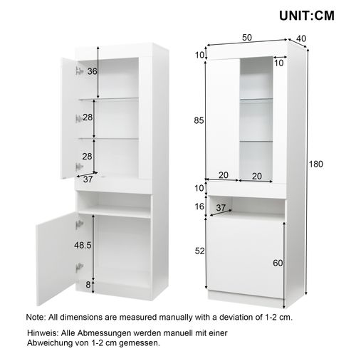 Vitrine 50x40x180 Cm Avec Étagères En Verre, LED, Compartiment Ouvert, En Panneaux Particules, Blanc