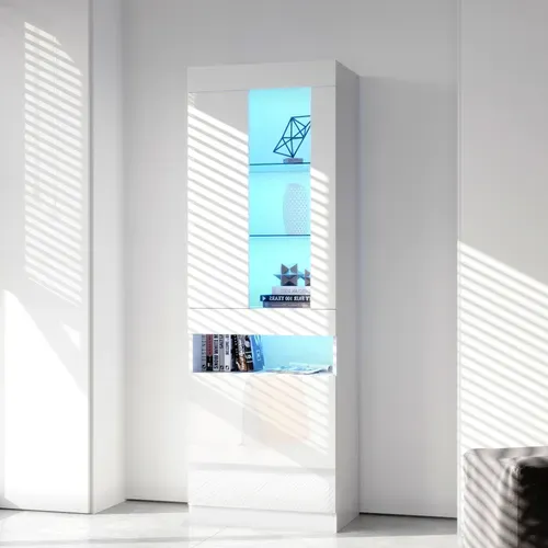 Vitrine 50x40x180 Cm Avec Étagères En Verre, LED, Compartiment Ouvert, En Panneaux Particules, Blanc