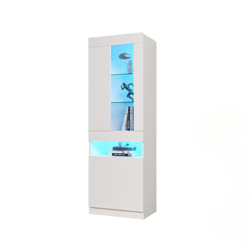 Vitrine 50x40x180 Cm Avec Étagères En Verre, LED, Compartiment Ouvert, En Panneaux Particules, Blanc
