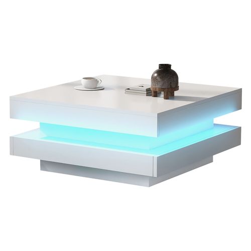 Table Basse 70x70x36 cm Moderne LED Bluetooth Panneau De Particules Blanc