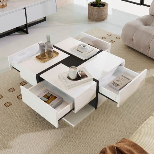Table Basse 78x78x36 Cm, 4 Tiroirs, Espace De Rangement - Nori + Blanc