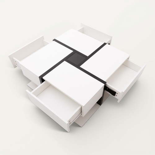 Table Basse 78x78x36 Cm, 4 Tiroirs, Espace De Rangement - Nori + Blanc
