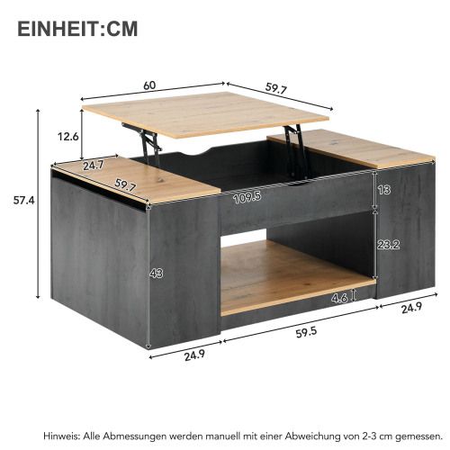 Table Basse relevable 109,5 X 59,7 X 57,4 Cm coffre ouvrant De Rangement, MDF, Gris et bois