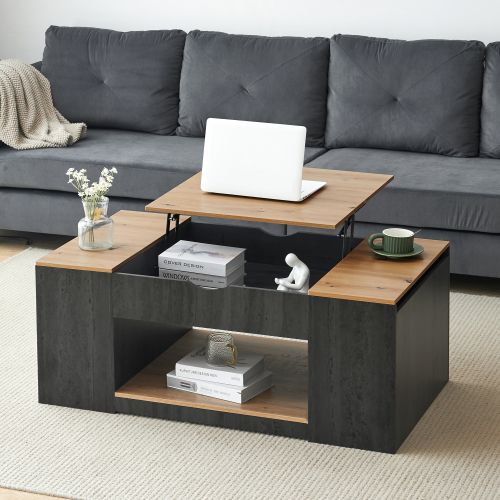 Table Basse relevable 109,5 X 59,7 X 57,4 Cm coffre ouvrant De Rangement, MDF, Gris et bois